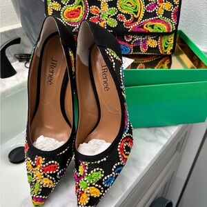 J.Renee Black and Multicolored Heels and Clutch with Vibrant Embellishments 9.5